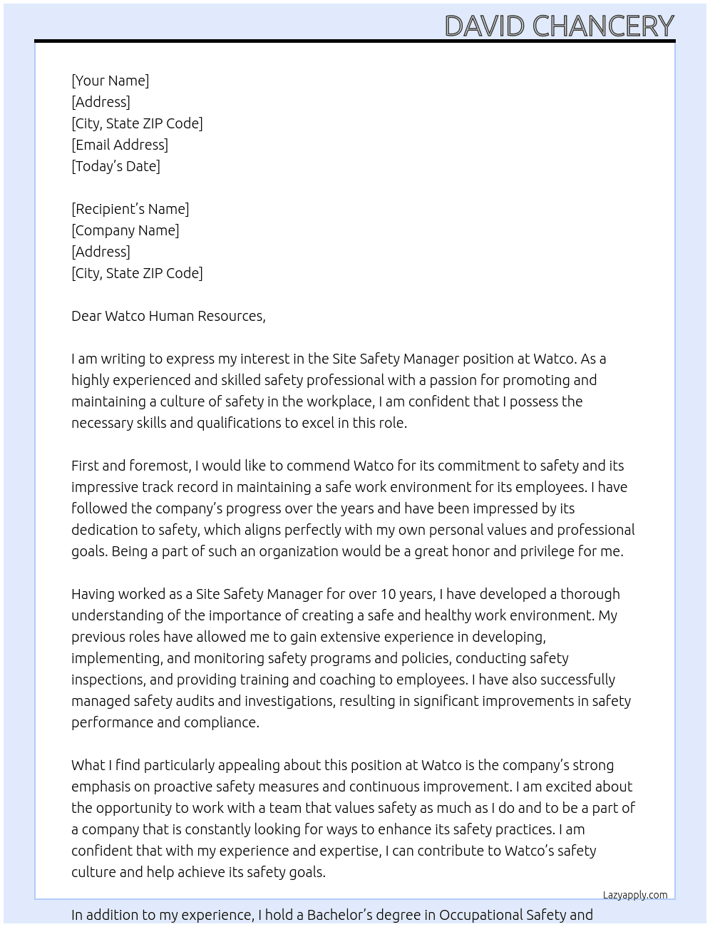 Site Safety Manager At Watco Cover Letter