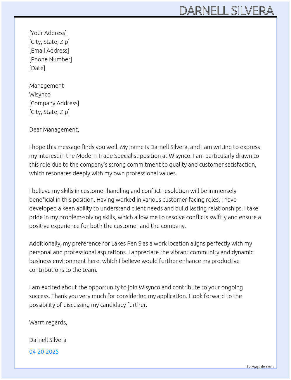 Modern trade specialist  At Wisynco Cover Letter