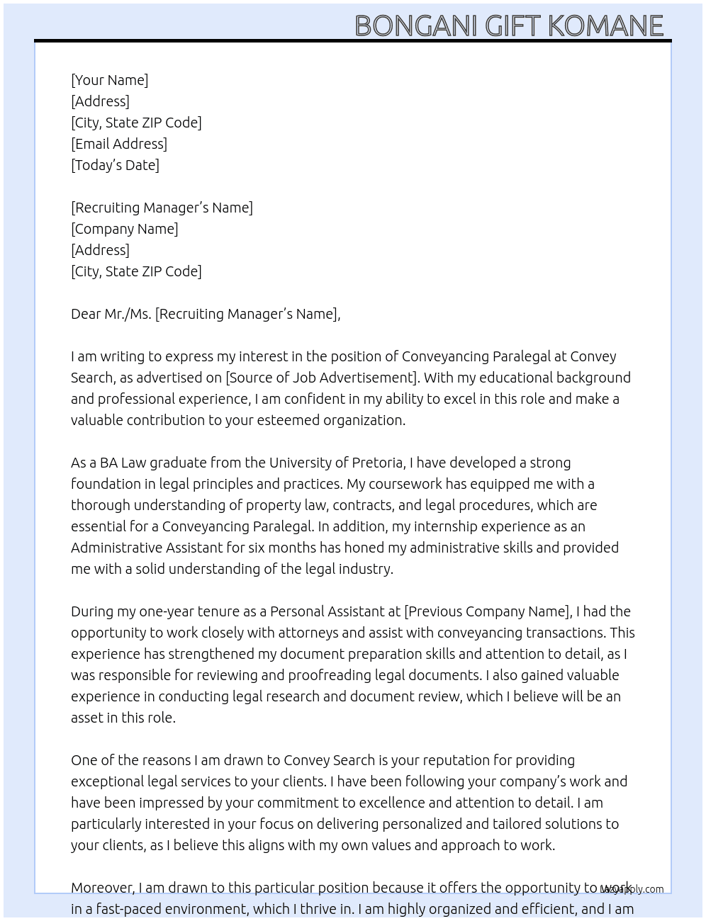 Conveyancing Paralegal  At Convey Search  Cover Letter