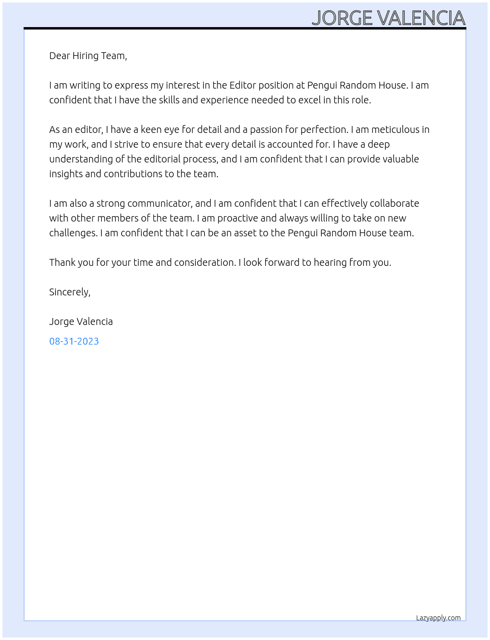 Editor At Pengui random house Cover Letter