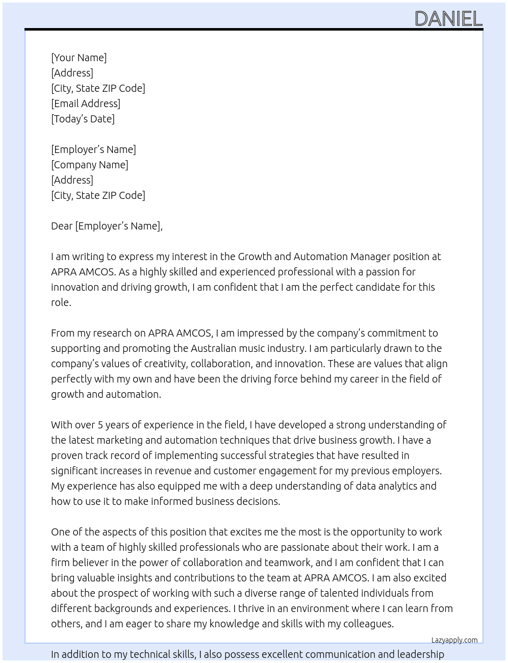 Growth and Automation Manager At APRA AMCOS Cover Letter