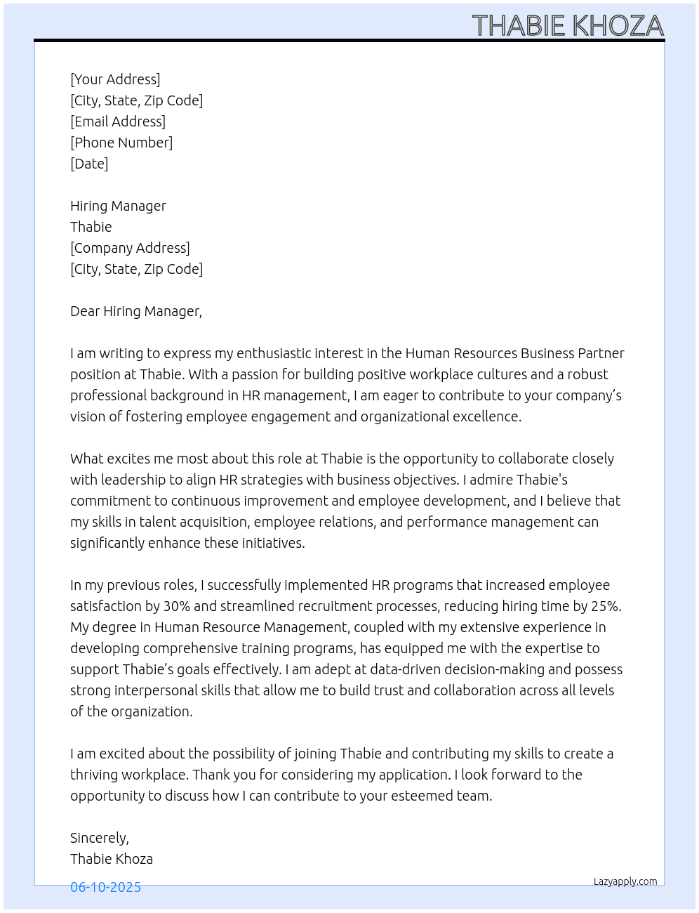 Human Resources Business Partner At Thabie Cover Letter