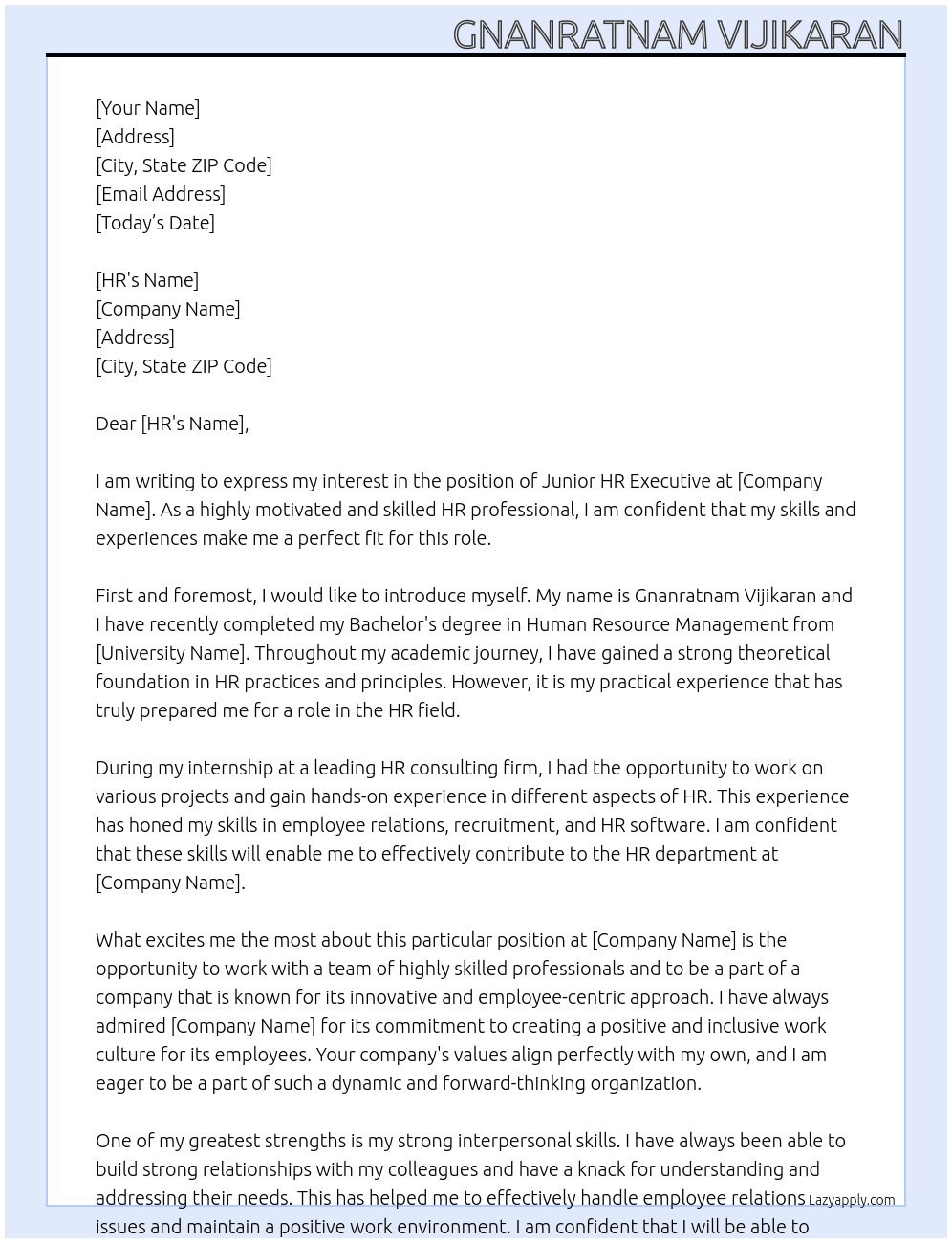 Junior HR Executive  At Company Cover Letter
