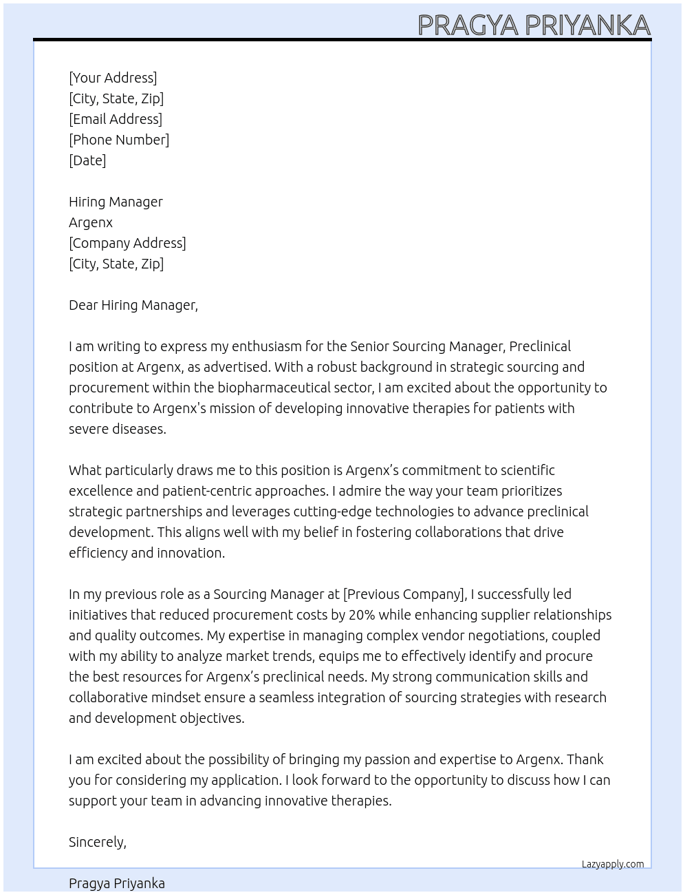 Cover letter for senior sourcing manager, preclinical - LazyApply