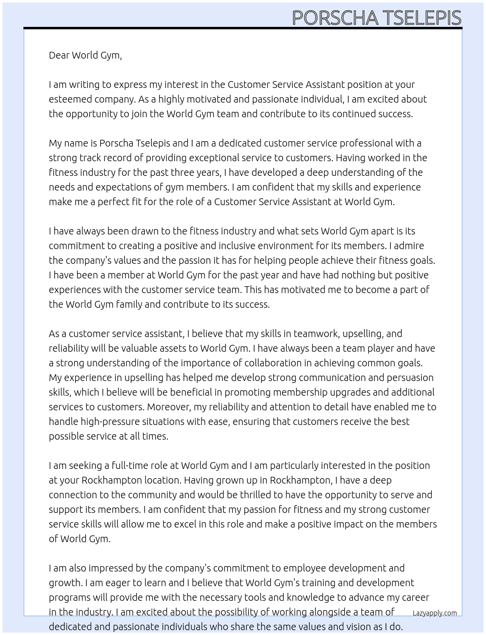  Customer service assistant At World gym  Cover Letter