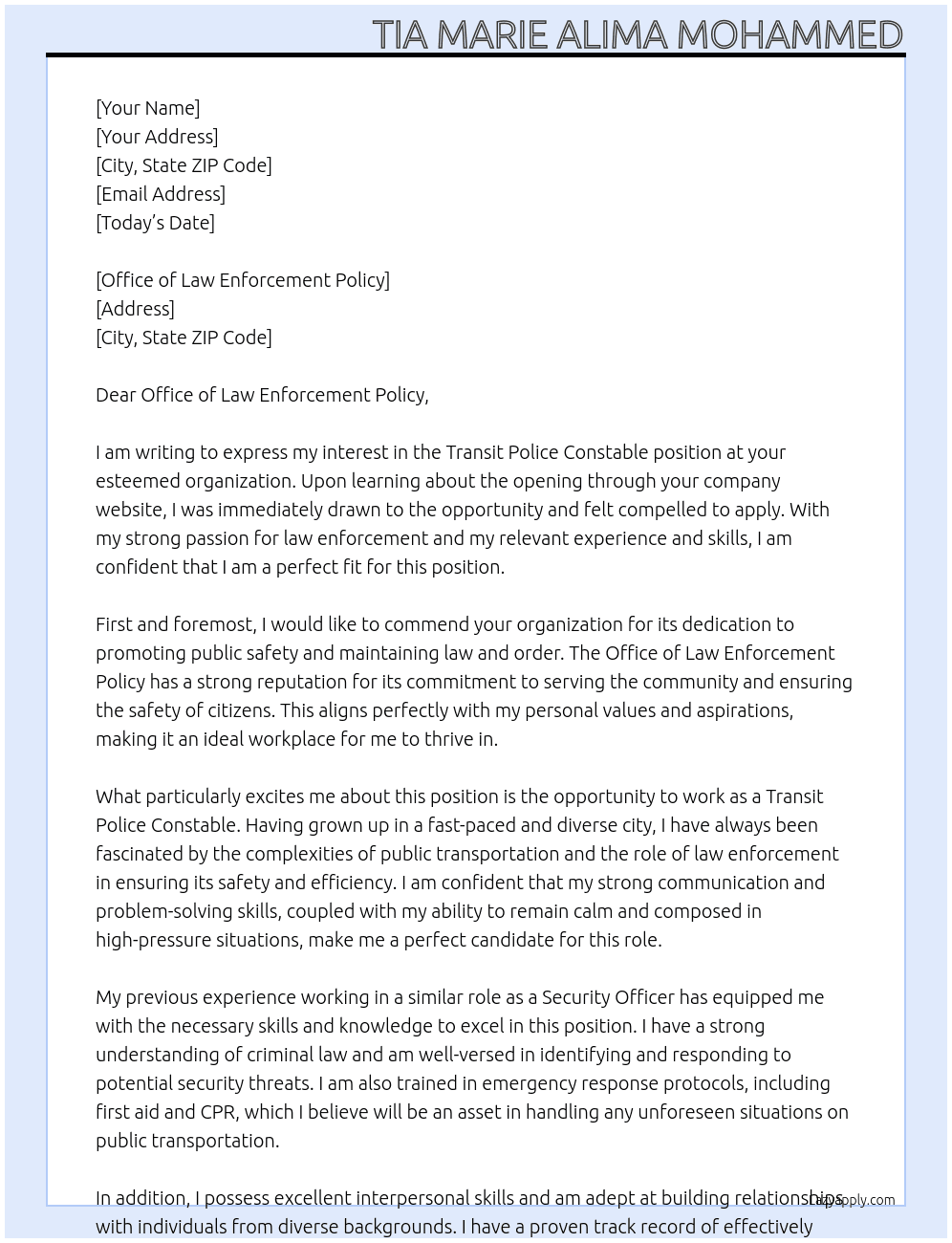 TRANSIT POLICE CONSTABLE At Office of Law Enforcement Policy Cover Letter