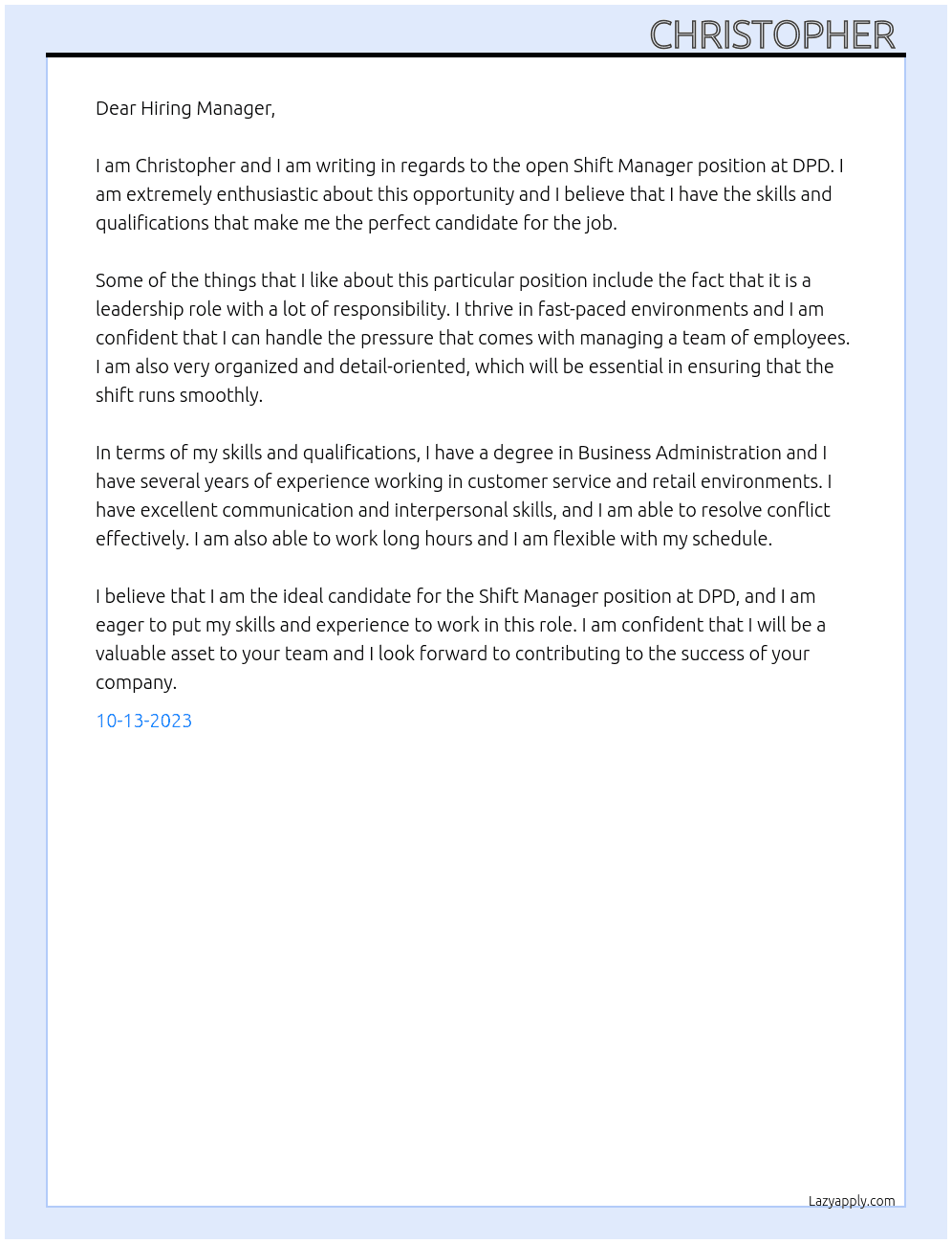 Shift Manager  At DPD Cover Letter