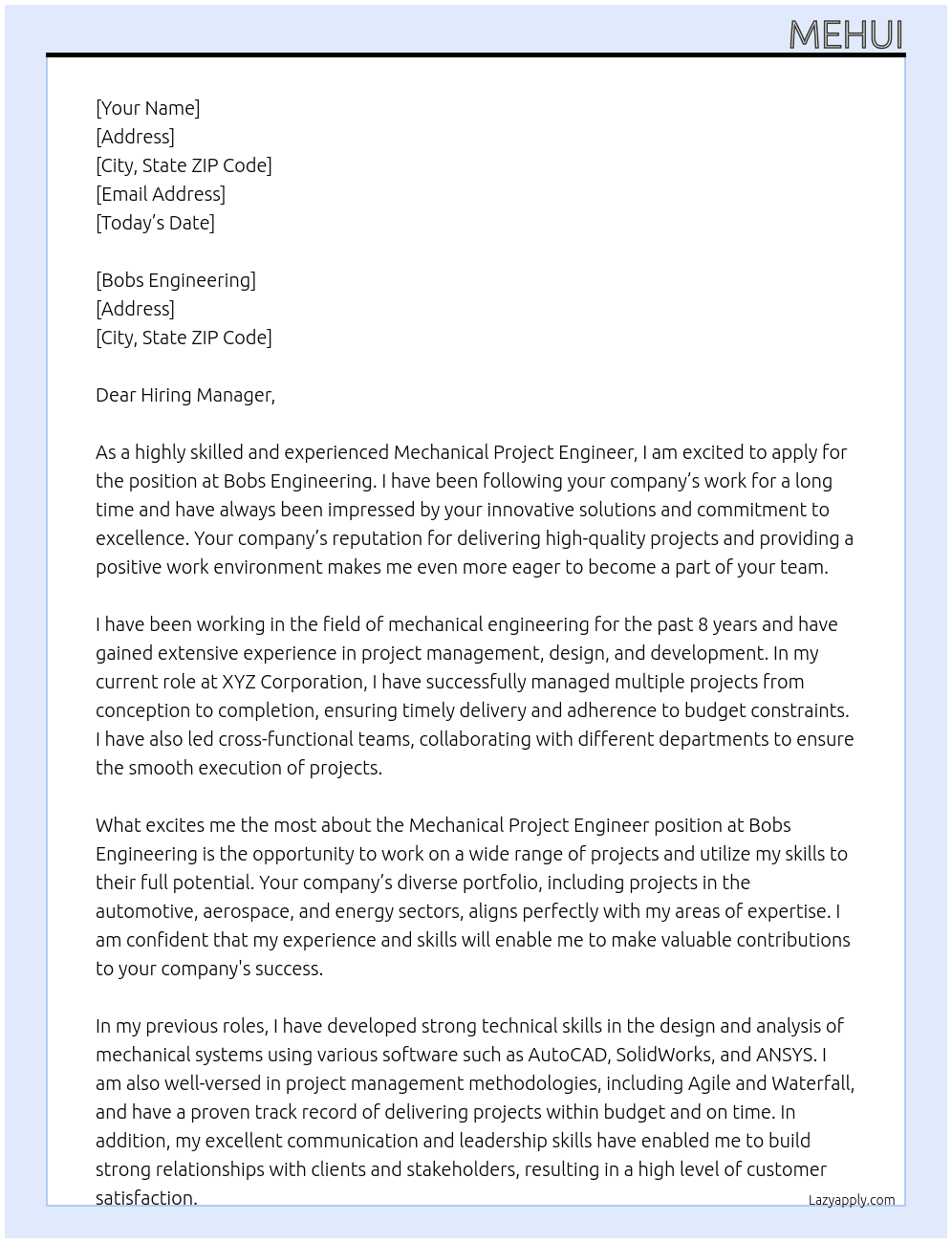 Mechanical Project Engineer At Bobs Engineering Cover Letter