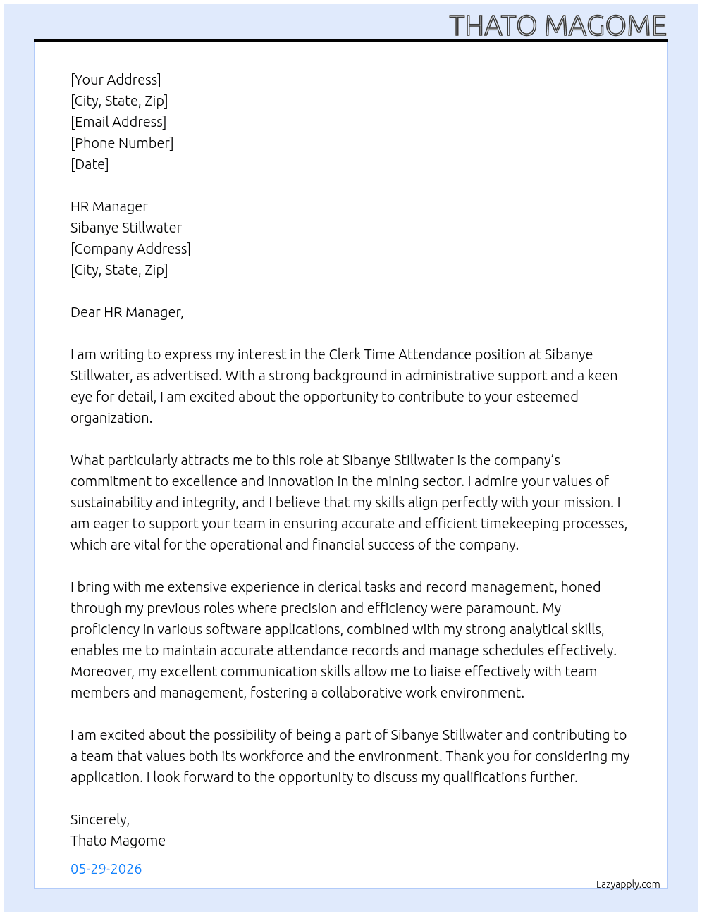 Clerk time attandance  At Sibanye-stillwater  Cover Letter