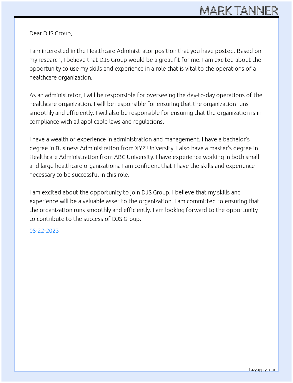 Healthcare Administrator At DJS Group Cover Letter