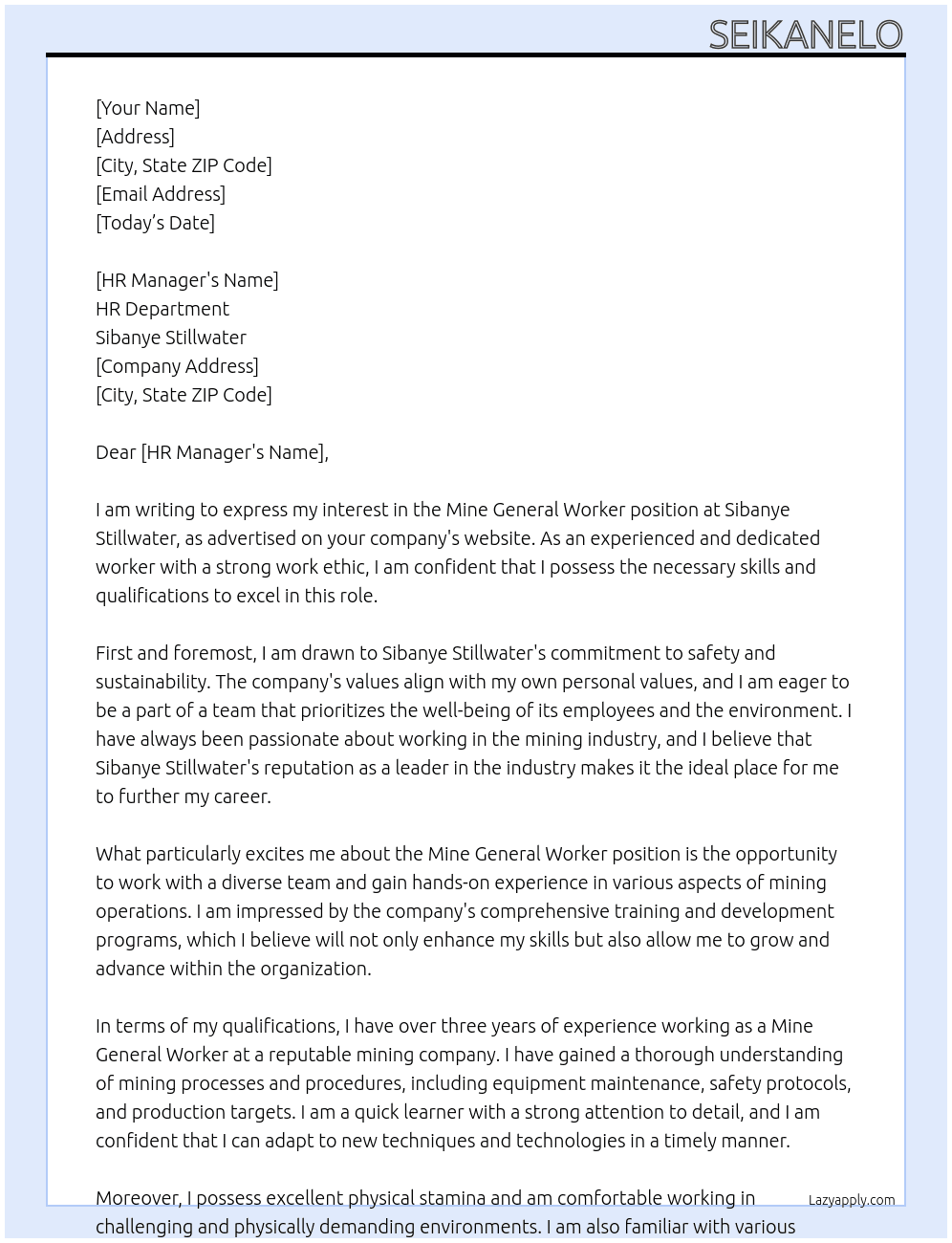 Mine General Worker At Sibanye Stillwater Cover Letter