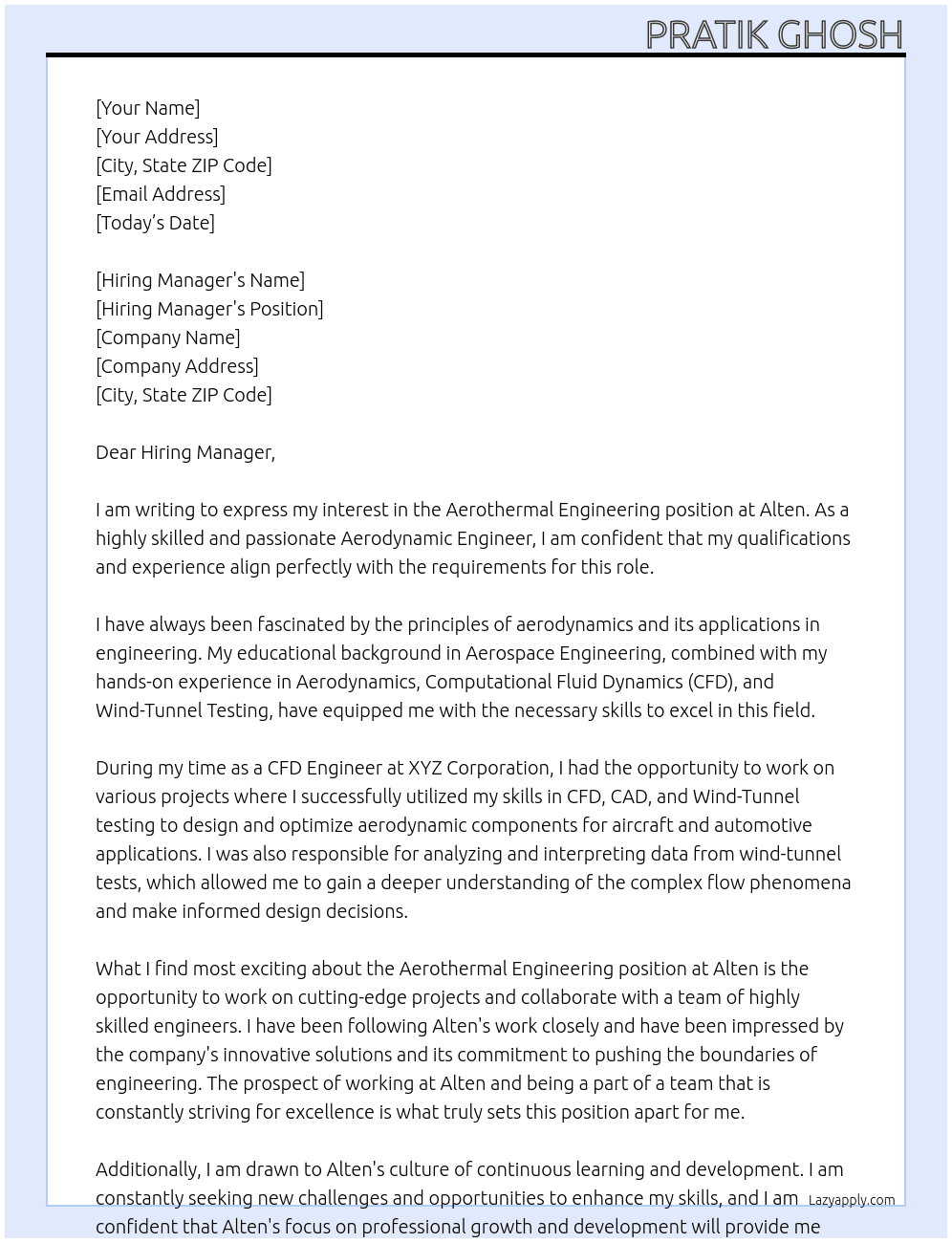 Aerothermal Engineering At Alten Cover Letter