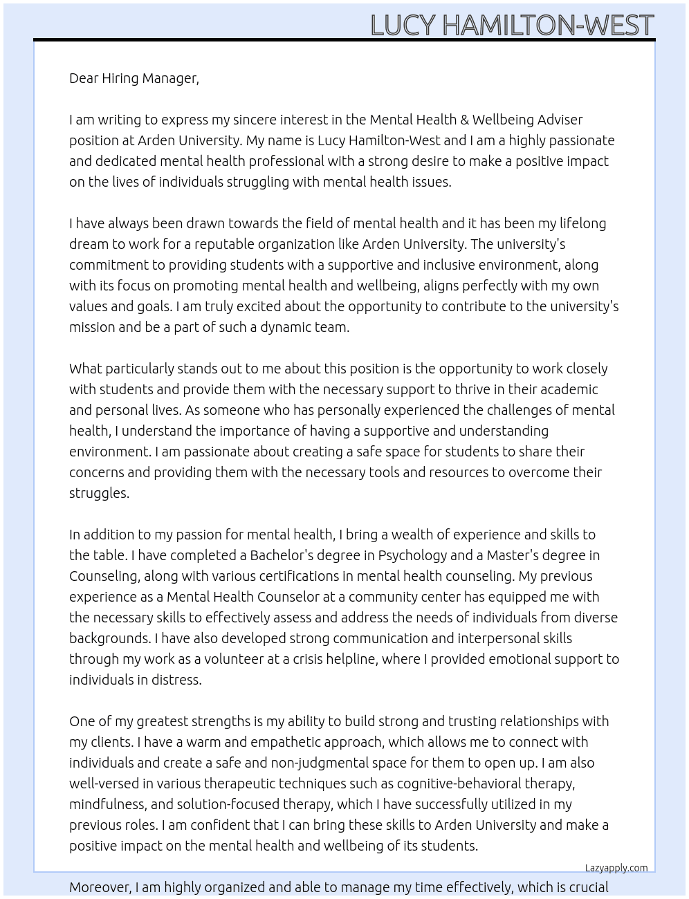 Mental Health & Wellbeing Adviser At Arden University Cover Letter