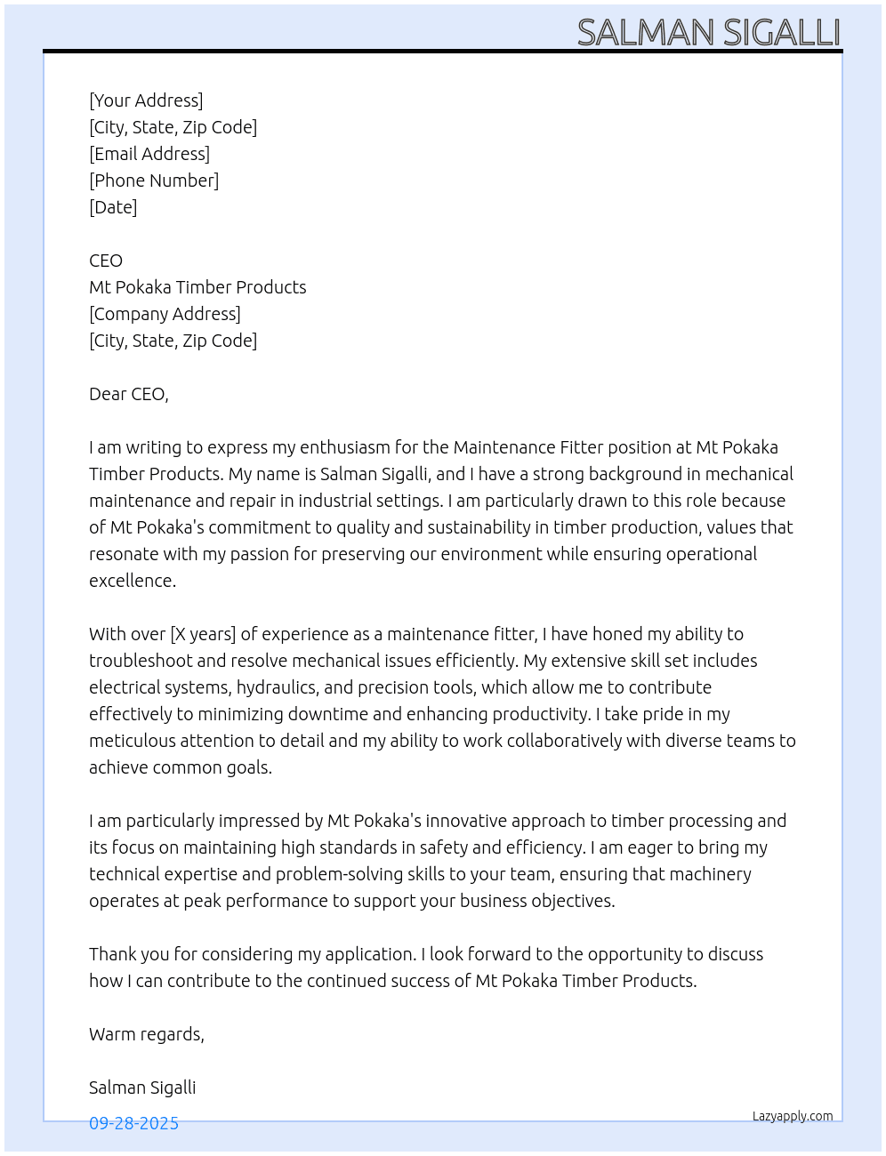 MAINTENANCE FITTER At Mt Pokaka Timber Products Cover Letter
