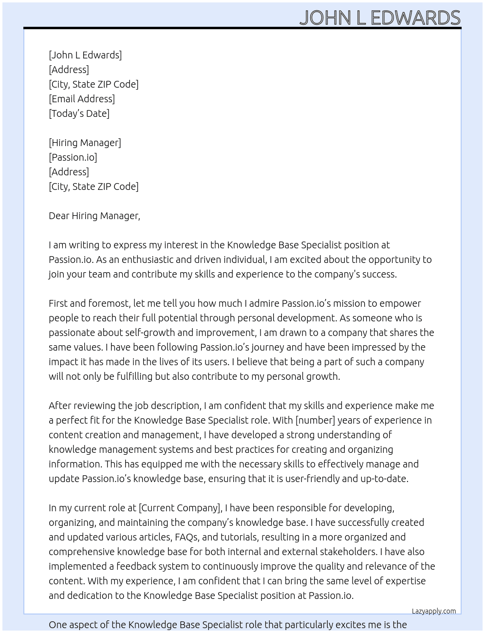 Knowledge Base Specialist At Passion.io Cover Letter