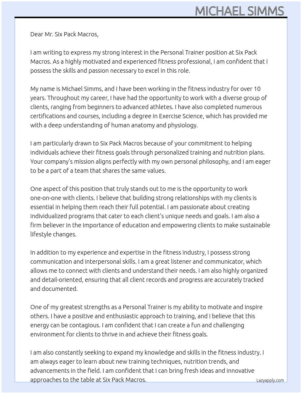 Personal Trainer  At Six Pack Macros  Cover Letter