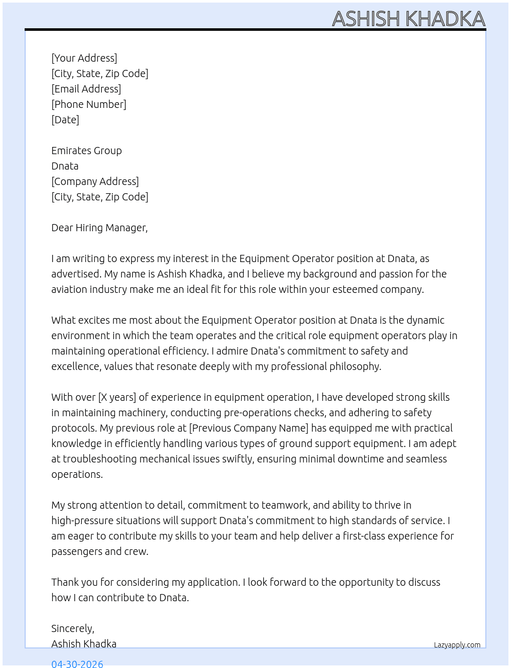 Equipment Operator At Dnata Cover Letter
