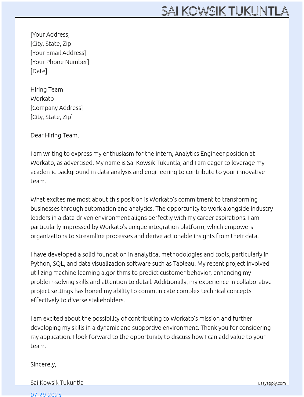 Cover letter for intern, analytics engineer - LazyApply