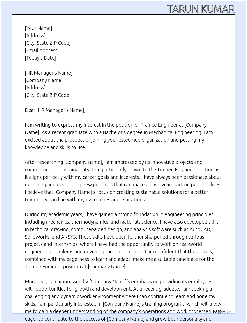 trainee engineer  At trainee engineer  Cover Letter