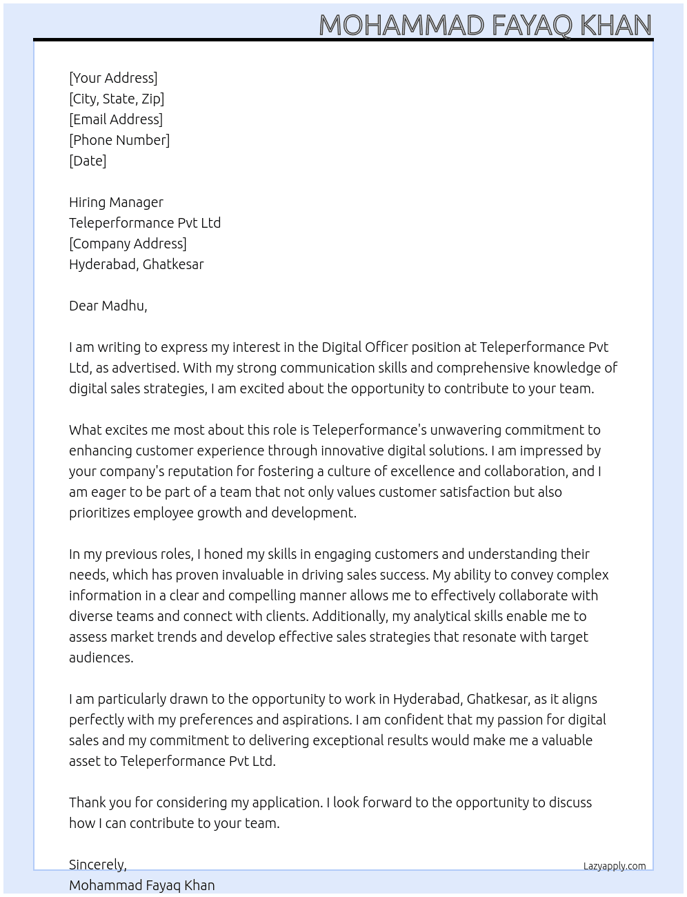 Degital officer  At Tele performance pvt Ltd Cover Letter