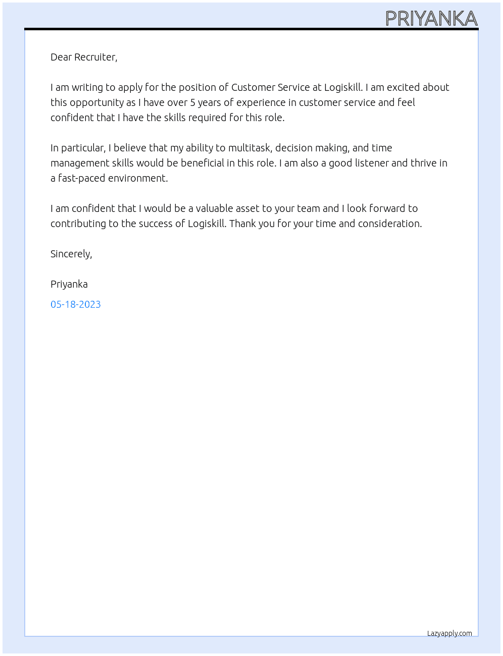 Customer service At Logiskill Cover Letter