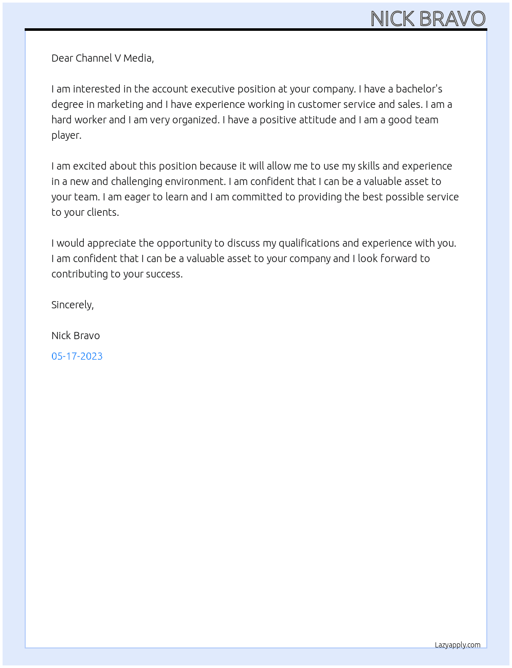 account executive  At channel v media  Cover Letter