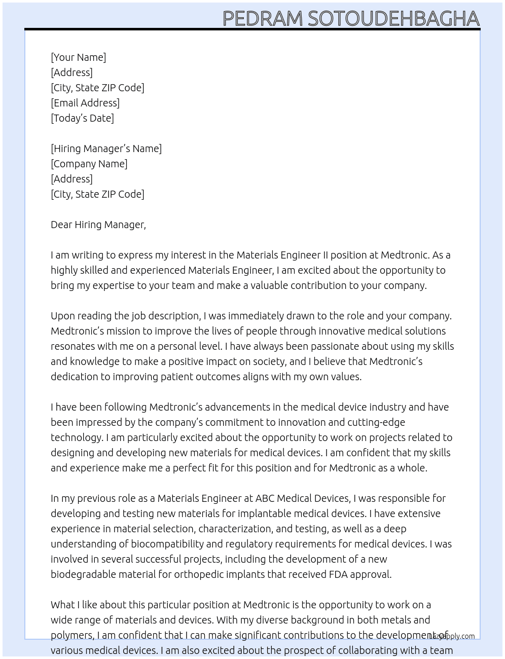Materials Engineer II At Medtronic  Cover Letter