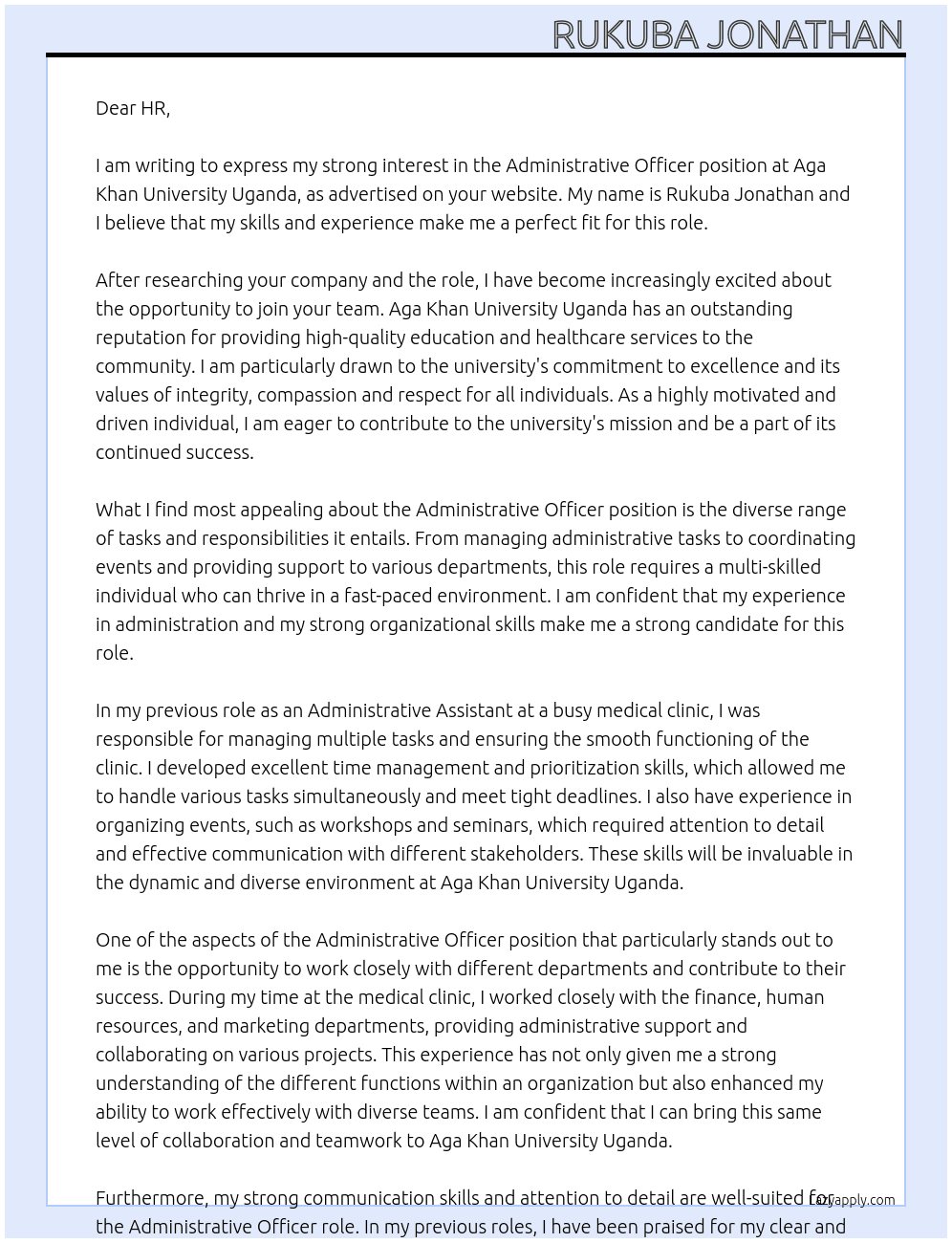 Administrative Officer At aga khan university uganda Cover Letter