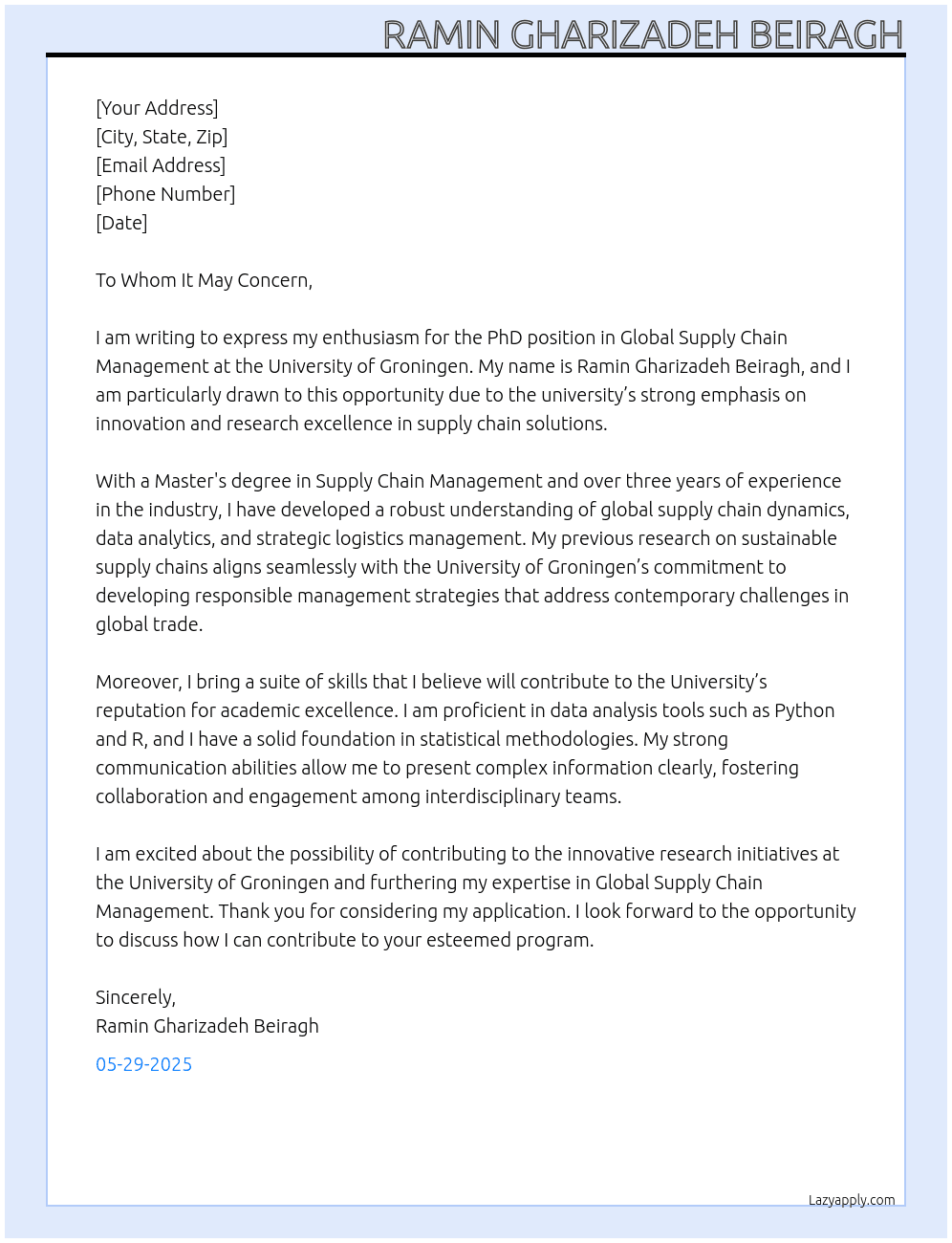 PhD position in the field of Global Supply Chain Management At University of Groningen Cover Letter