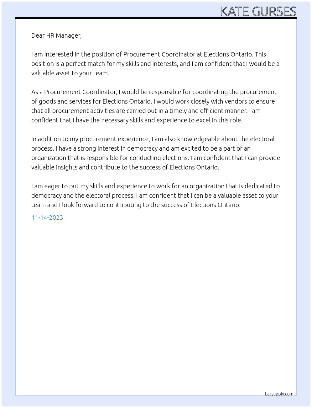 Procurement Coordinator At Elections Ontario Cover Letter