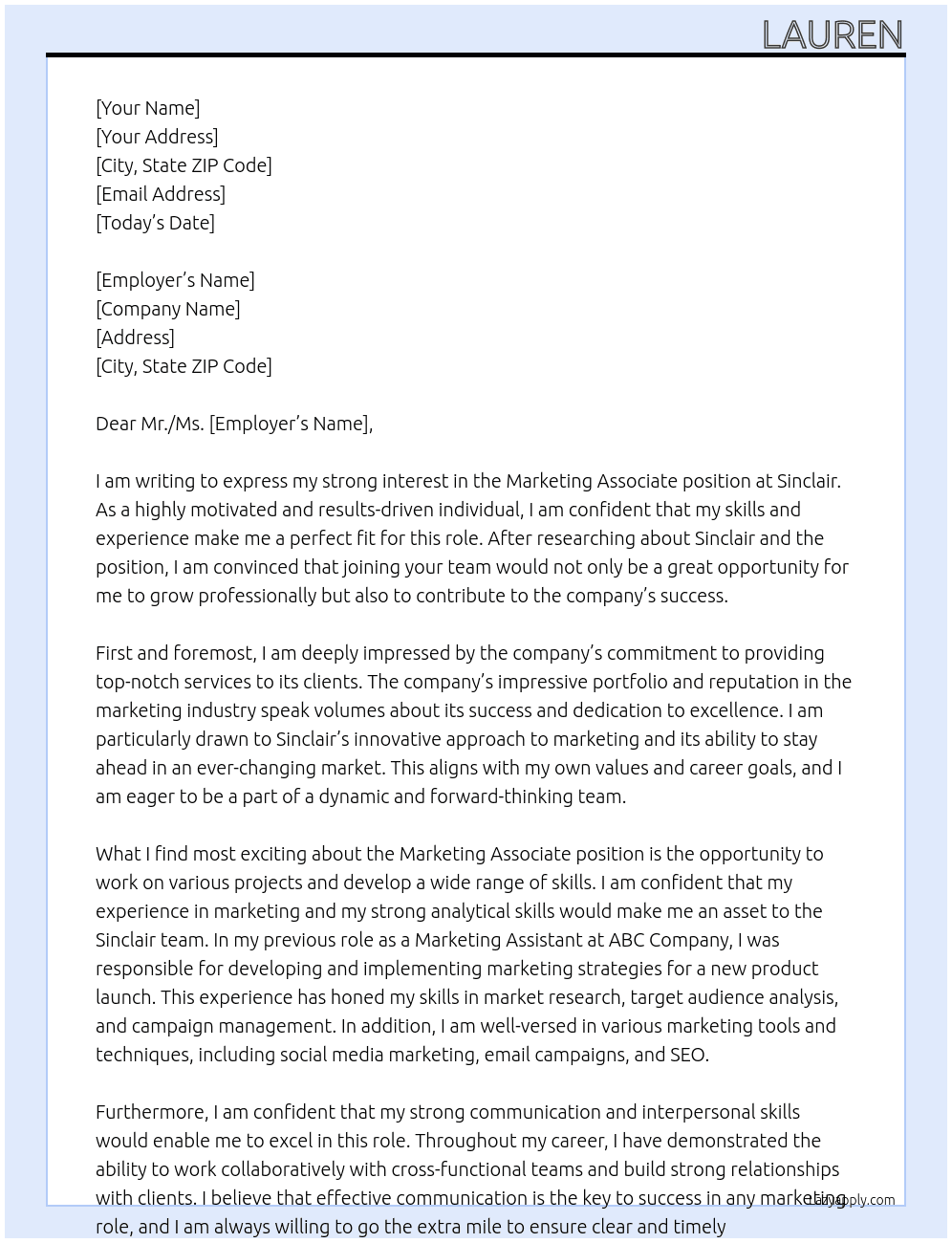 Marketing Associate At Sinclair Cover Letter