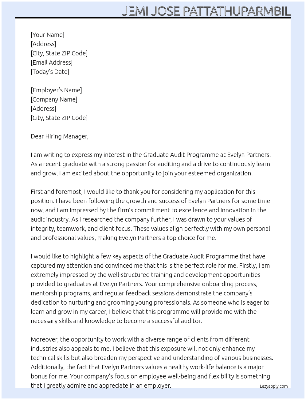 Graduate Audit Programme At Evelyn pratners Cover Letter