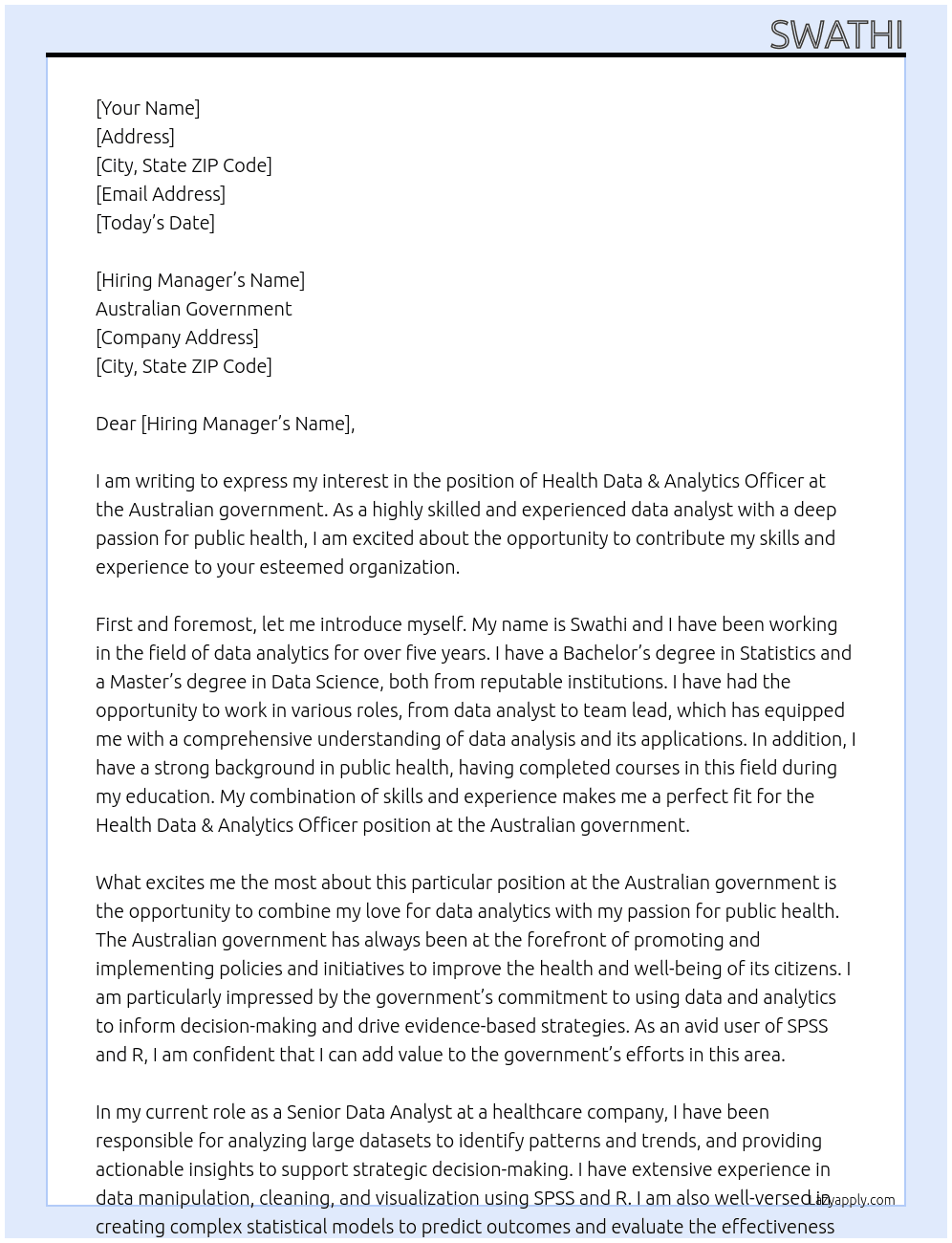 Health Data & Analytics Officer At Australian government Cover Letter