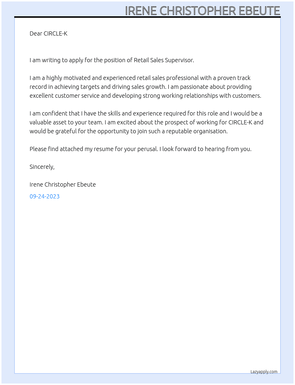 Retail Sales Supervisor  At CIRCLE-K Cover Letter