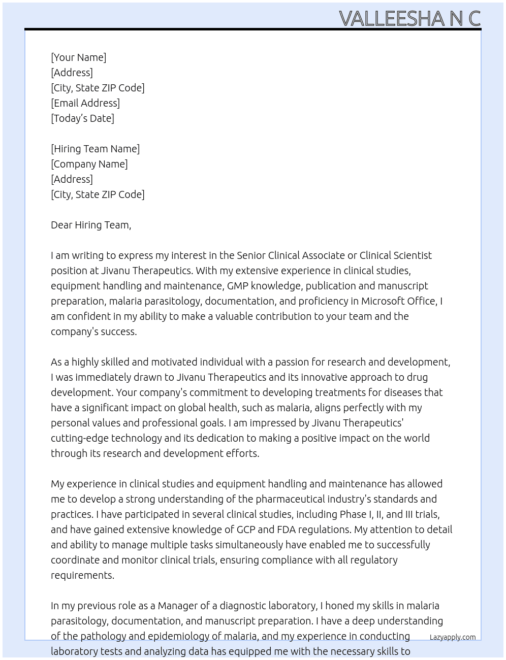 Senior Clinical Associate or Clinical Scientist At Jivanu Therapeutics Cover Letter