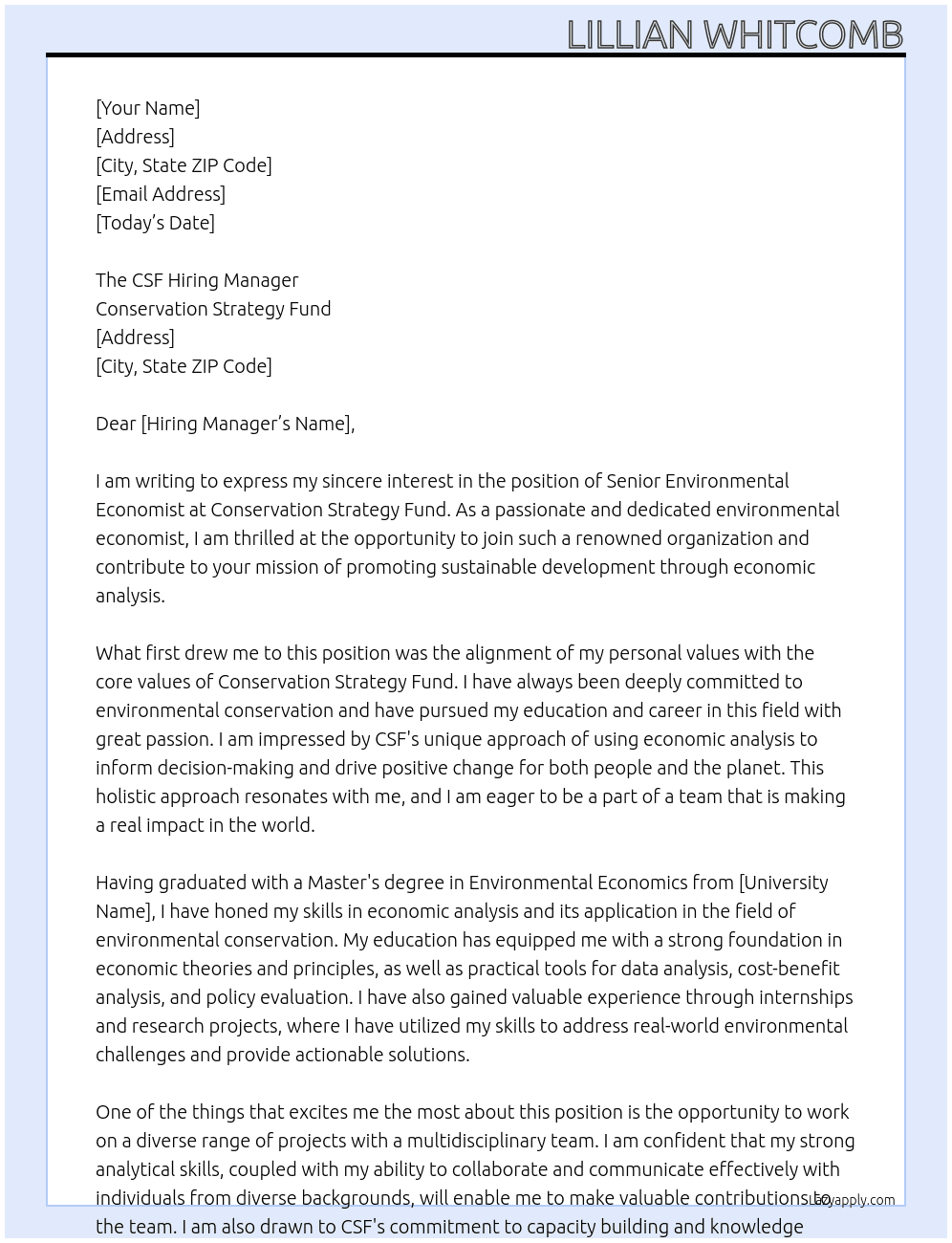 Senior Environmental Economist At Conservation Strategy Fund Cover Letter