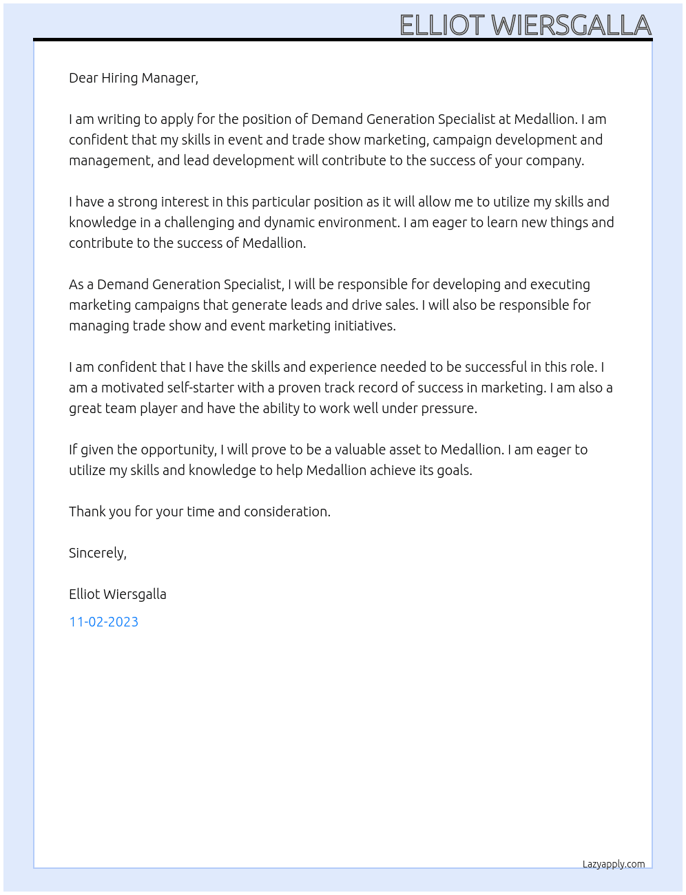 Demand Generation Specialist At Medallion Cover Letter