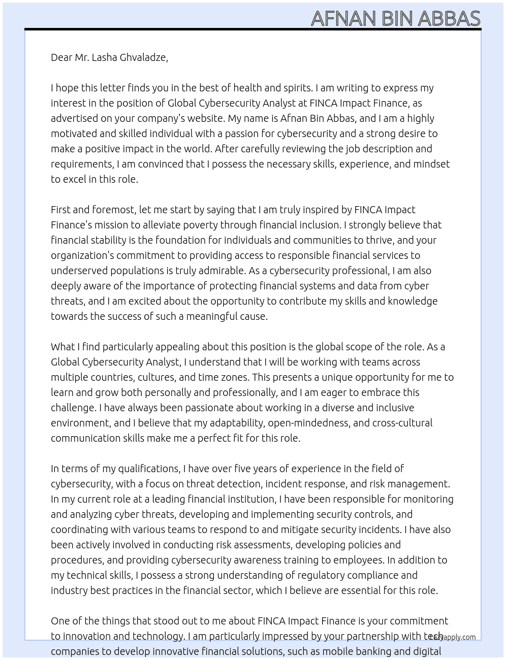 Global Cybersecurity Analyst At FINCA Impact Finance Cover Letter