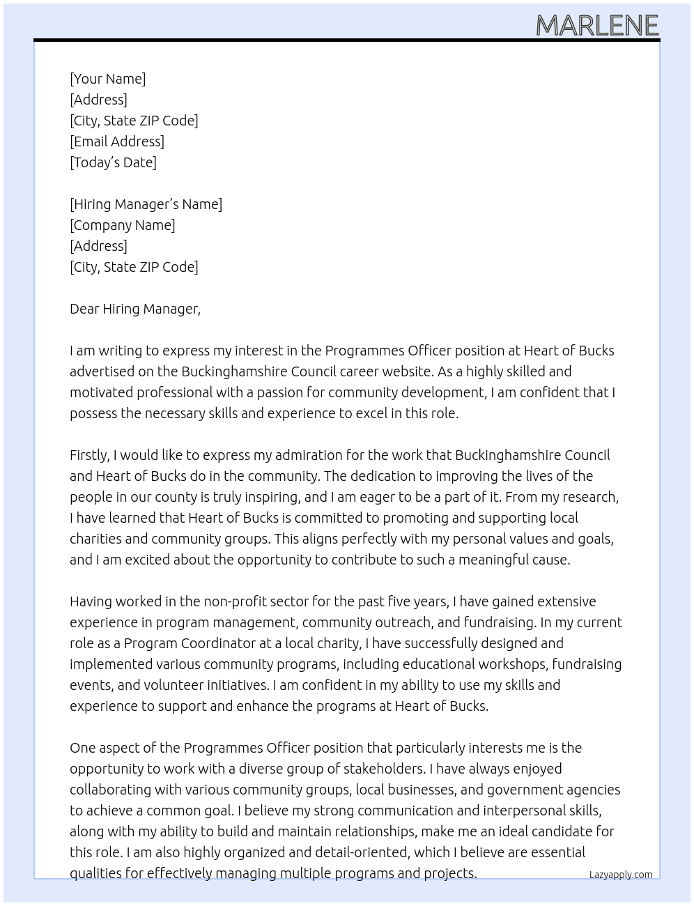 Programmes Officer - Heart of Bucks At Buckinghamshire Council  Cover Letter