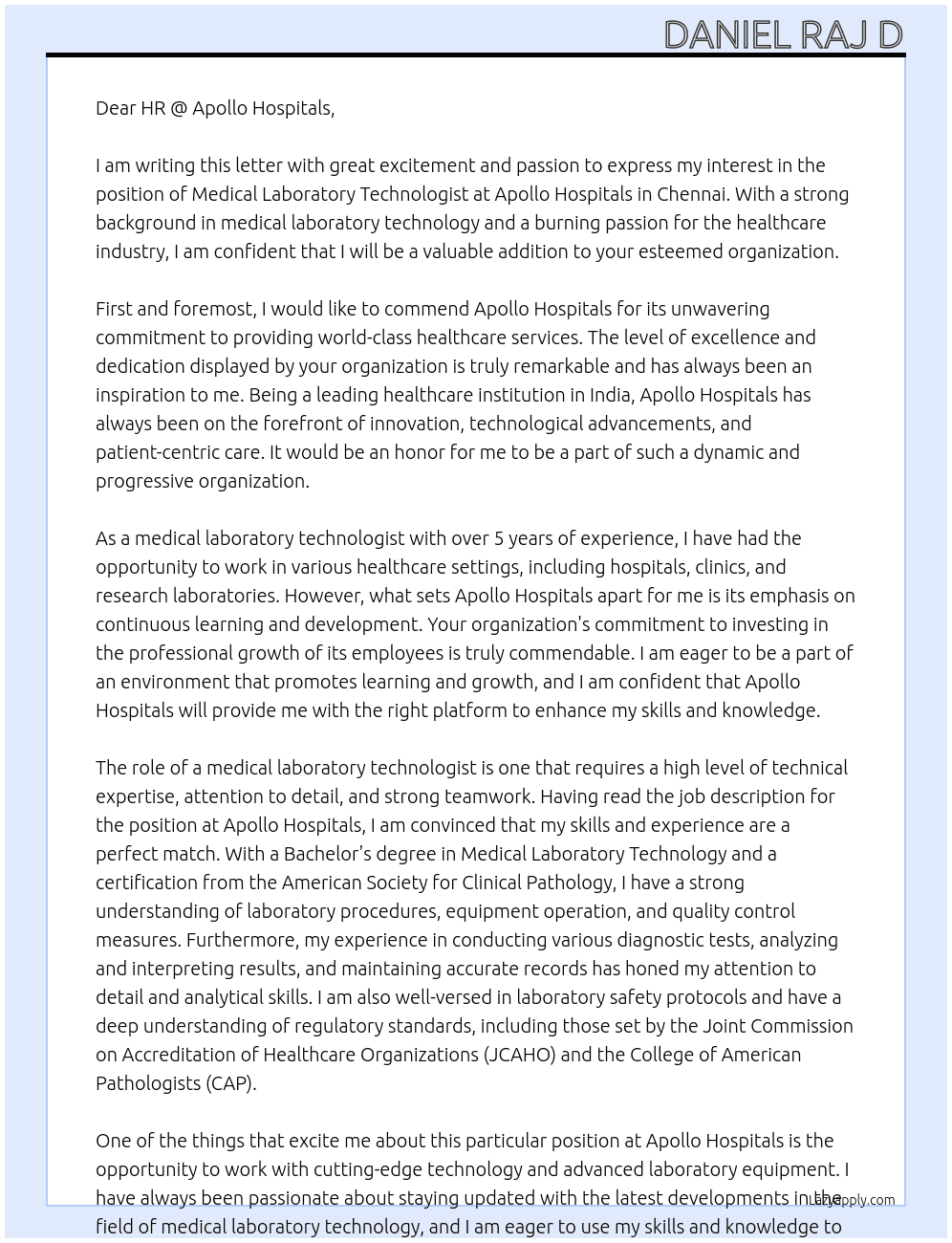 medical laboratory technologist At Apollo hospitals ,chennai Cover Letter