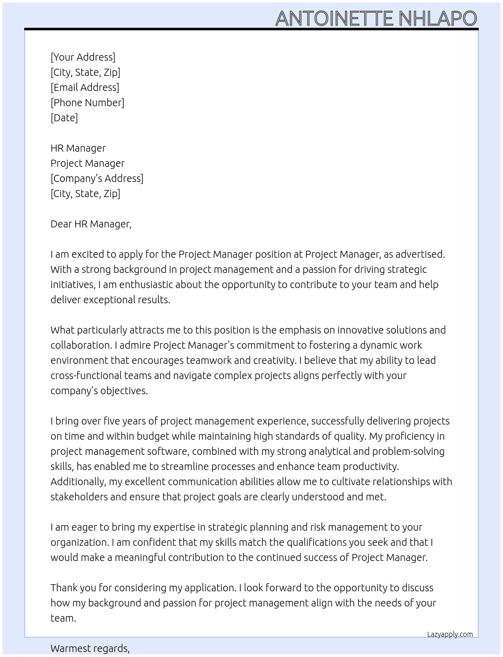 Project Manager  At Project Manager Cover Letter