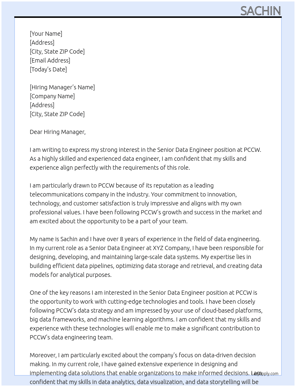 Senior Data engineer At PCCW Cover Letter