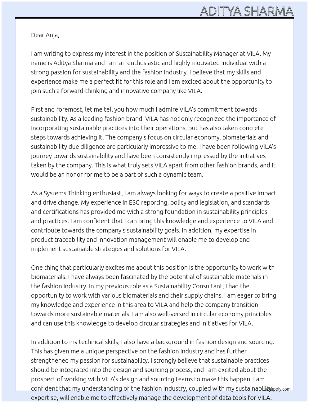 Sustainbility Manager At VILA Cover Letter