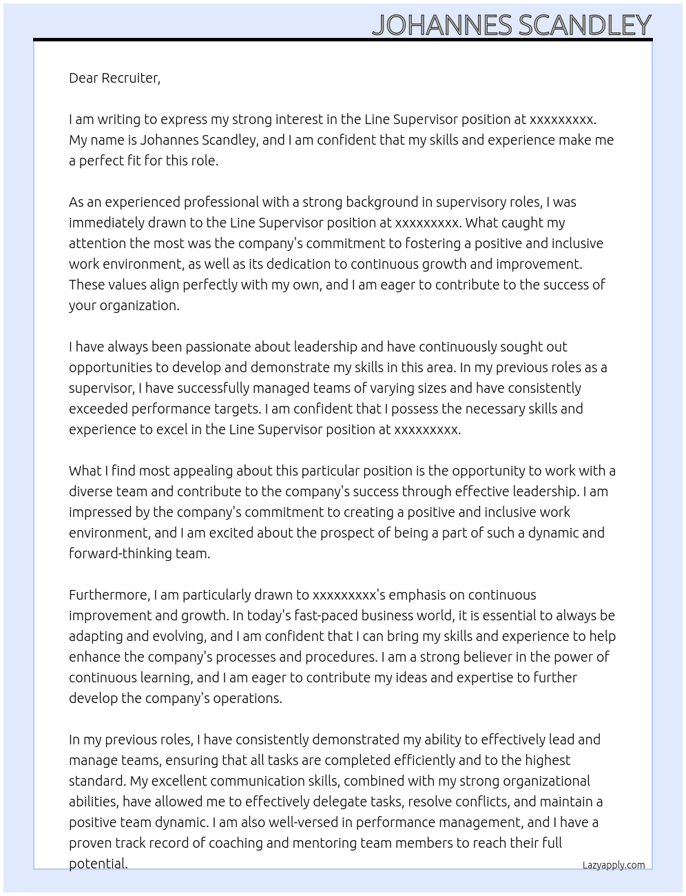 Line Supervisor At xxxxxxxxx Cover Letter