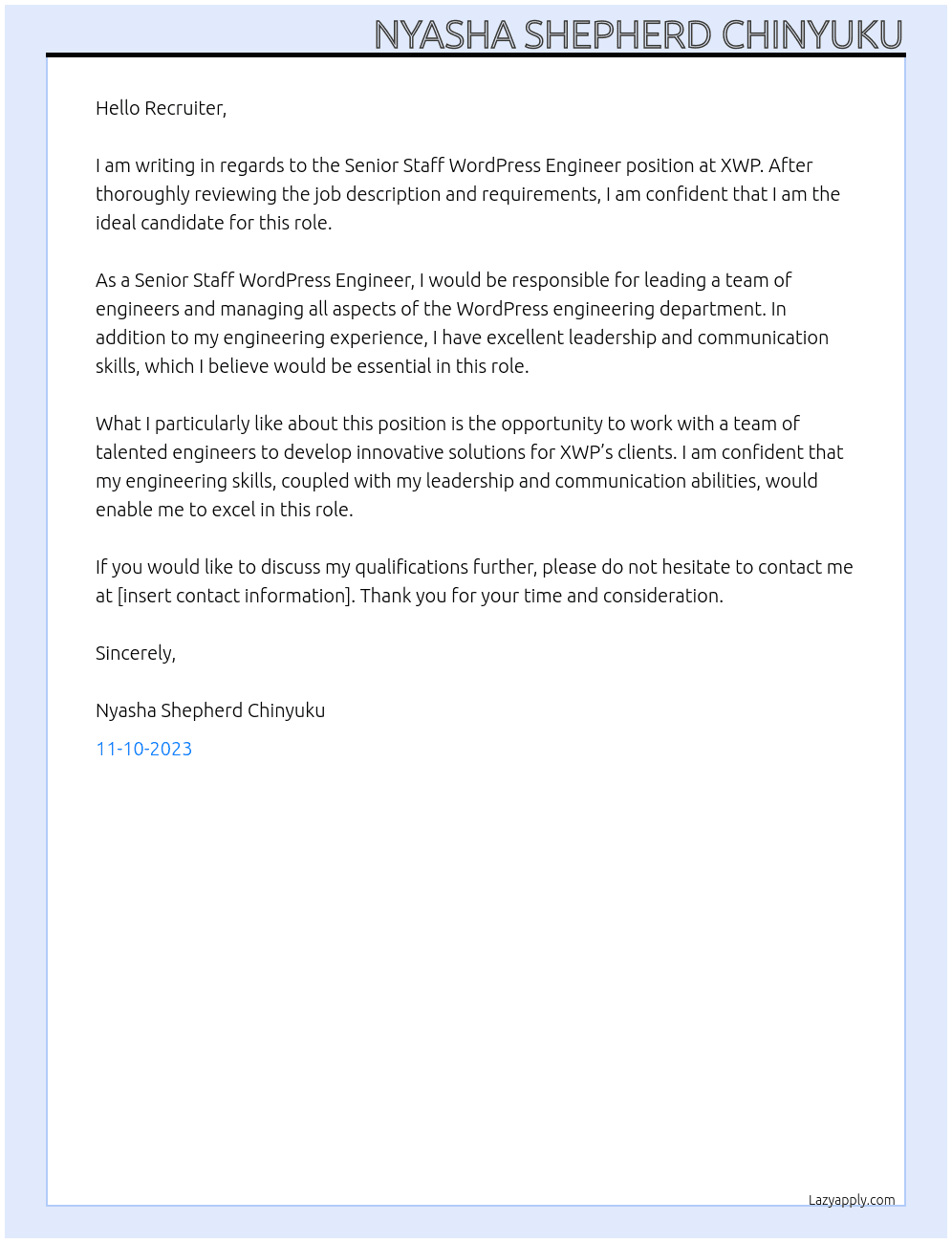  Senior Staff WordPress Engineer At XWP Cover Letter
