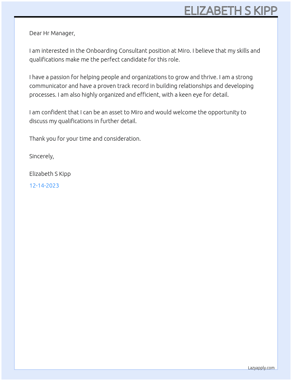 Onboarding Consultant At Miro Cover Letter