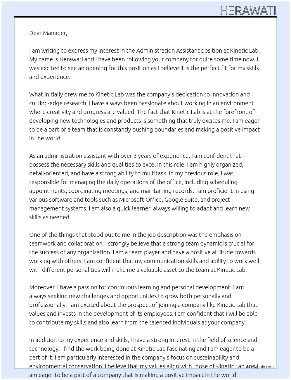 administration assistant At Kinetic Lab Cover Letter
