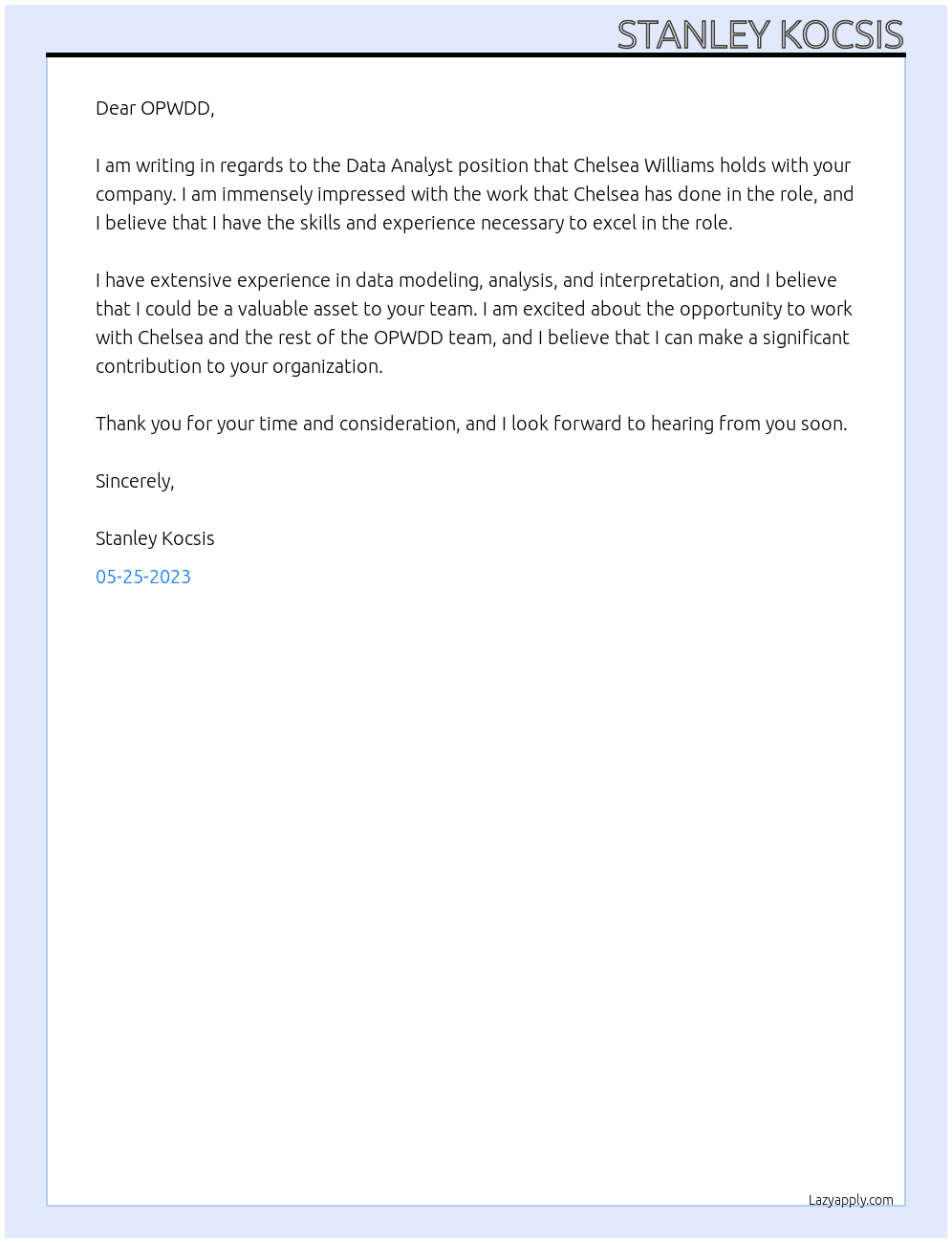 Data Analyst At OPWDD Cover Letter