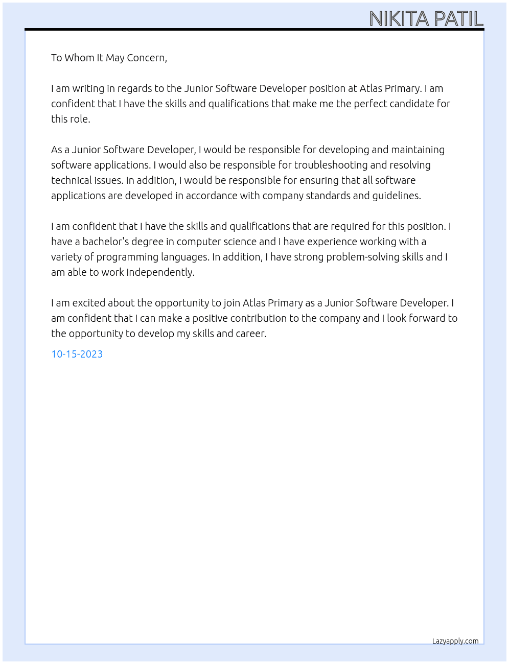 Junior software devloper At Atlas primary Cover Letter