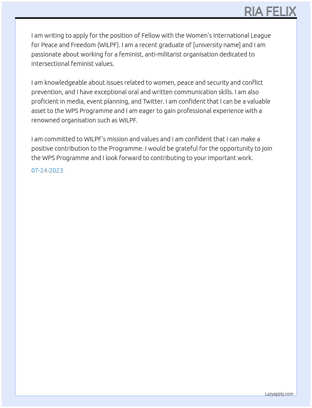 Fellow At Women's International League for Peace and Freedom Cover Letter